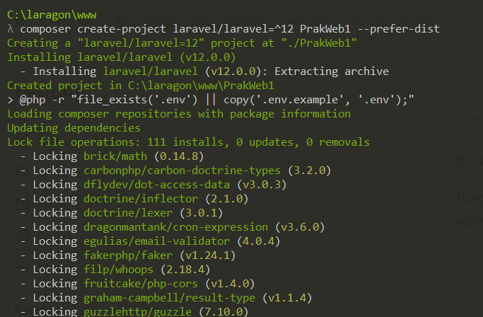 Proses pembuatan project Laravel menggunakan Composer